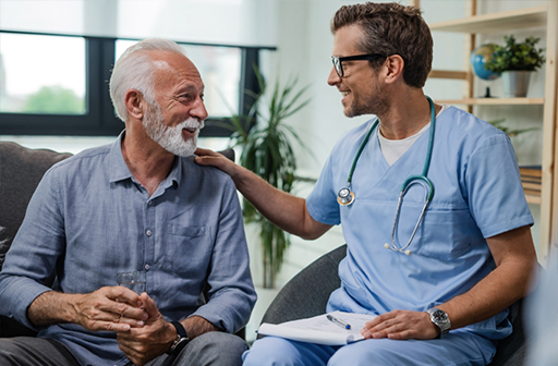 Home Health nurse talking with patient 